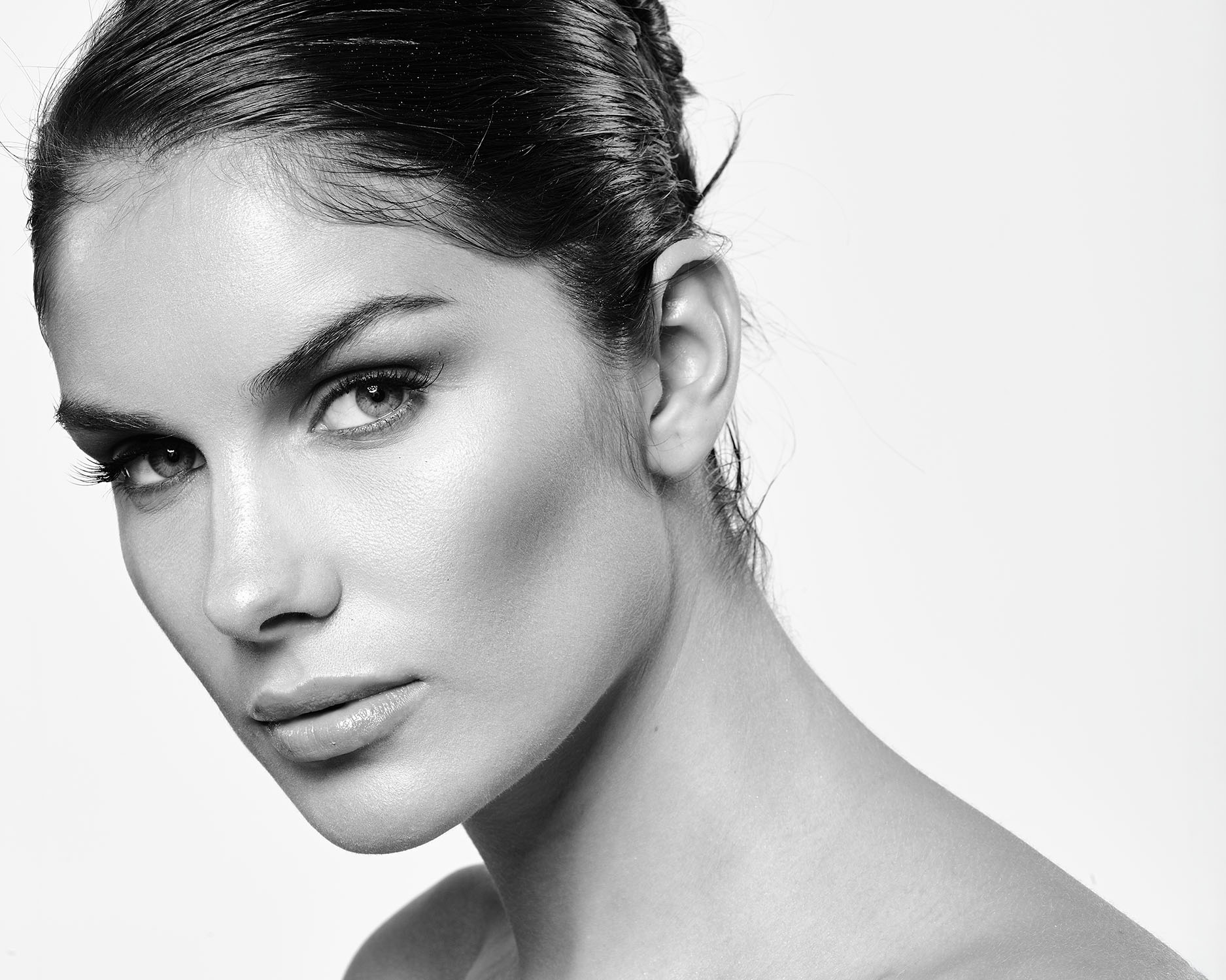 Fashion editorial beauty portrait of model Traci Dupilka with a confident pose and polished styling