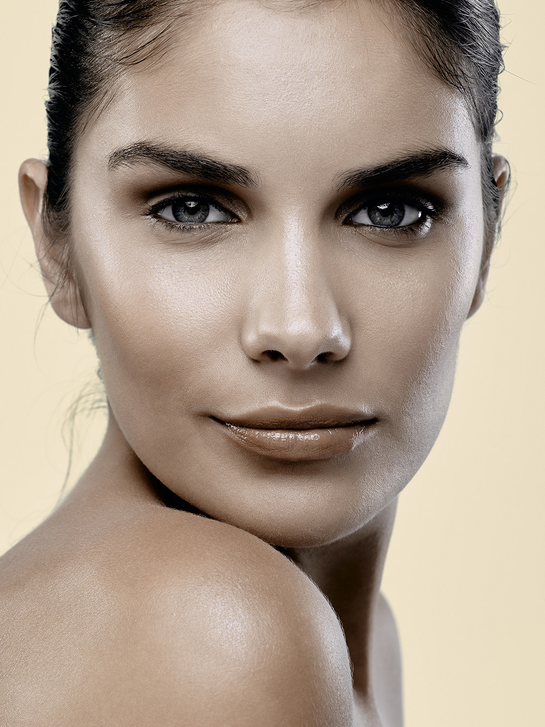 Fashion editorial beauty portrait of model Traci Dupilka with a confident pose and polished styling