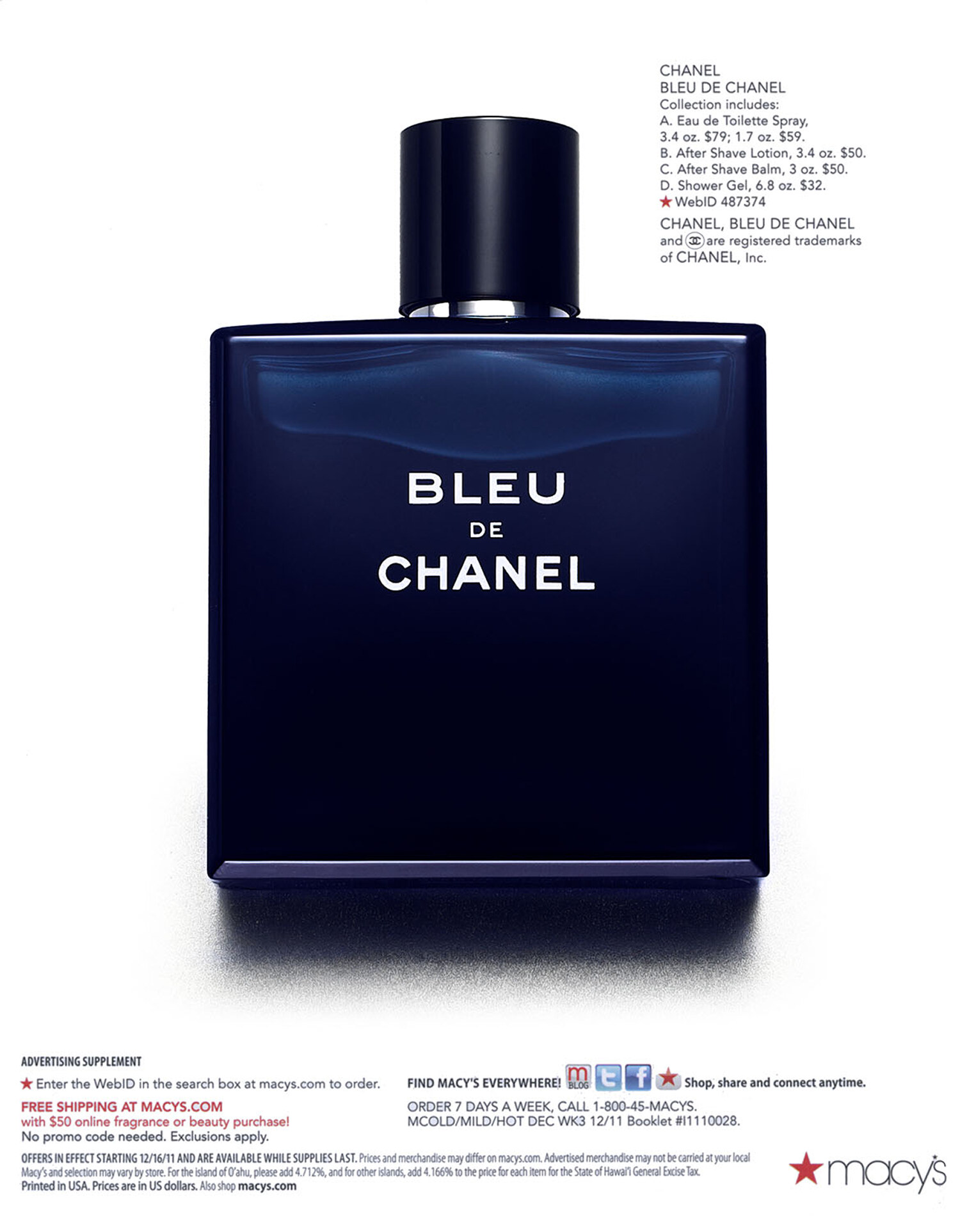 National advertising tear sheet for Chanel Bleu de Chanel fragrance, Macy's print campaign. Brand campaign photography by Jason Guffy.