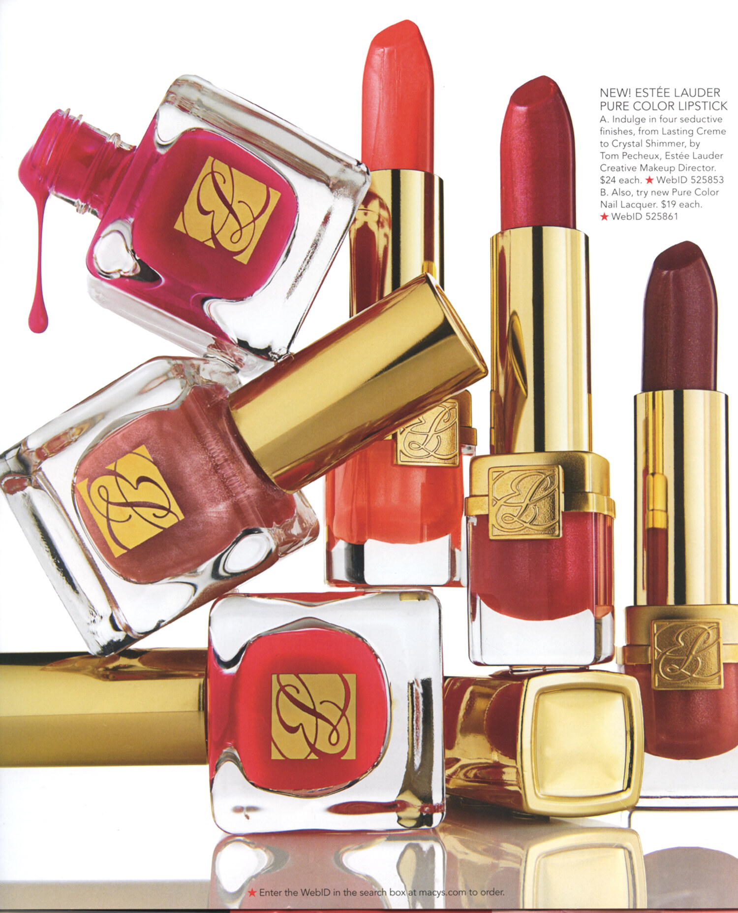 National advertising tear sheet for Est&eacute;e Lauder Pure Color Lipstick and Pure Color Nail Lacquer, Macy's print campaign. Brand campaign photography by Jason Guffy.