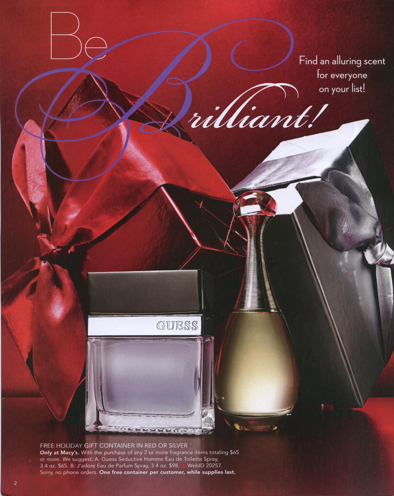 National advertising tear sheet for GUESS holiday fragrance gift set on red ribbon, Macy's print campaign. Brand campaign photography by Jason Guffy.