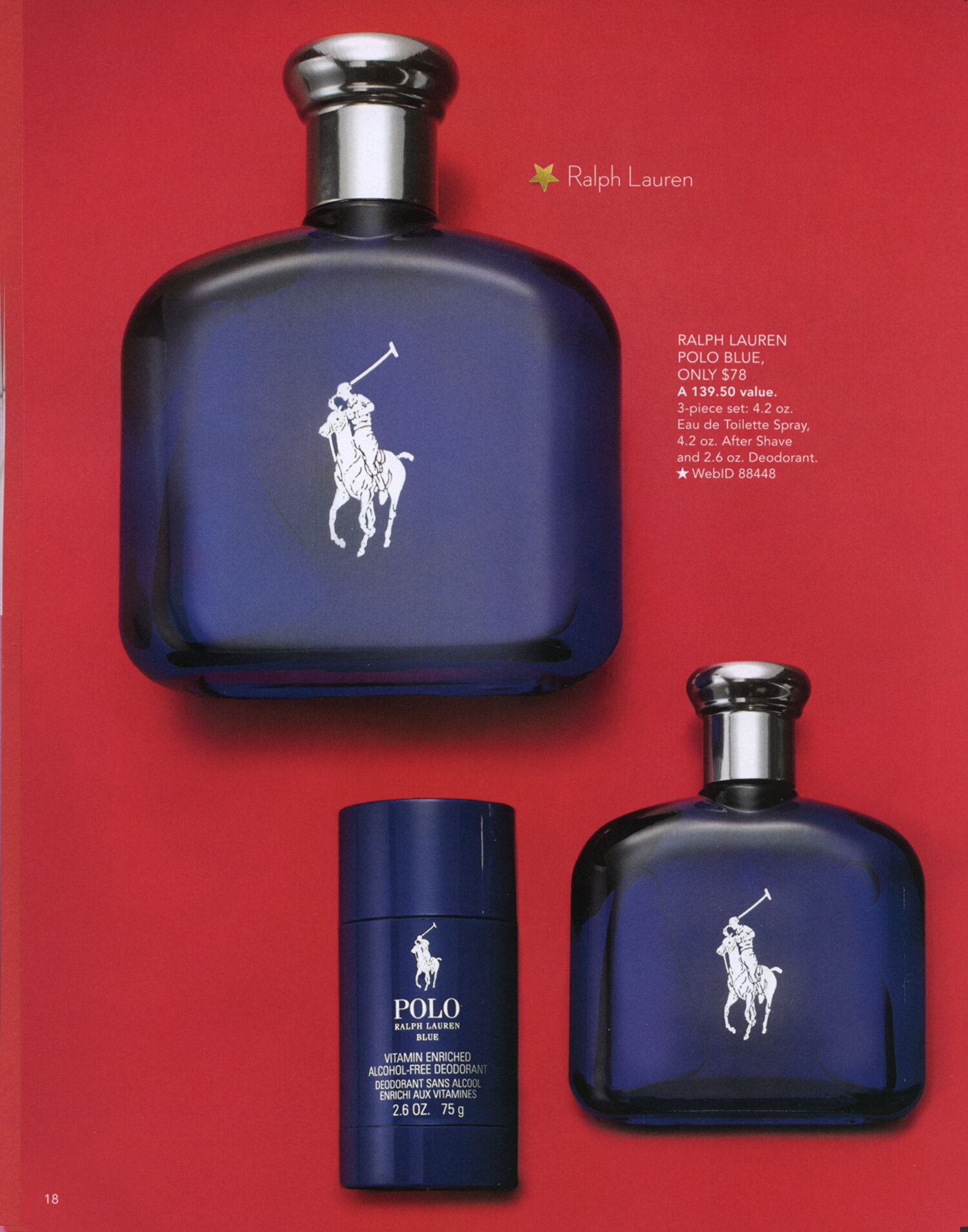 National advertising tear sheet for Ralph Lauren Polo Blue cologne and body wash on a red background, Macy's print campaign. Brand campaign photography by Jason Guffy.