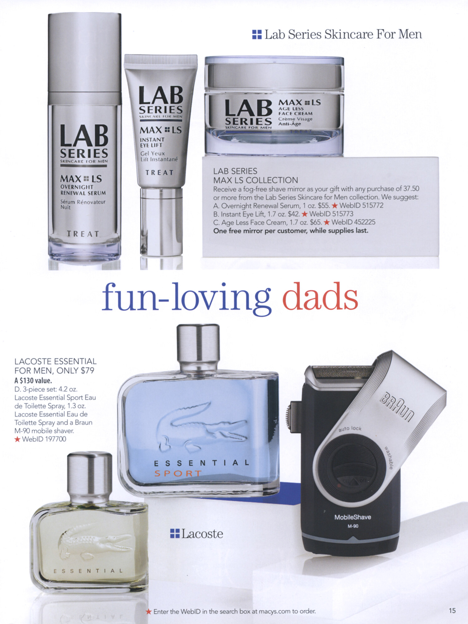 Father's Day grooming tear sheet featuring Lab Series Skincare for Men, Lacoste Essential Sport fragrance, and Braun grooming, Macy's print campaign. Brand campaign photography by Jason Guffy.
