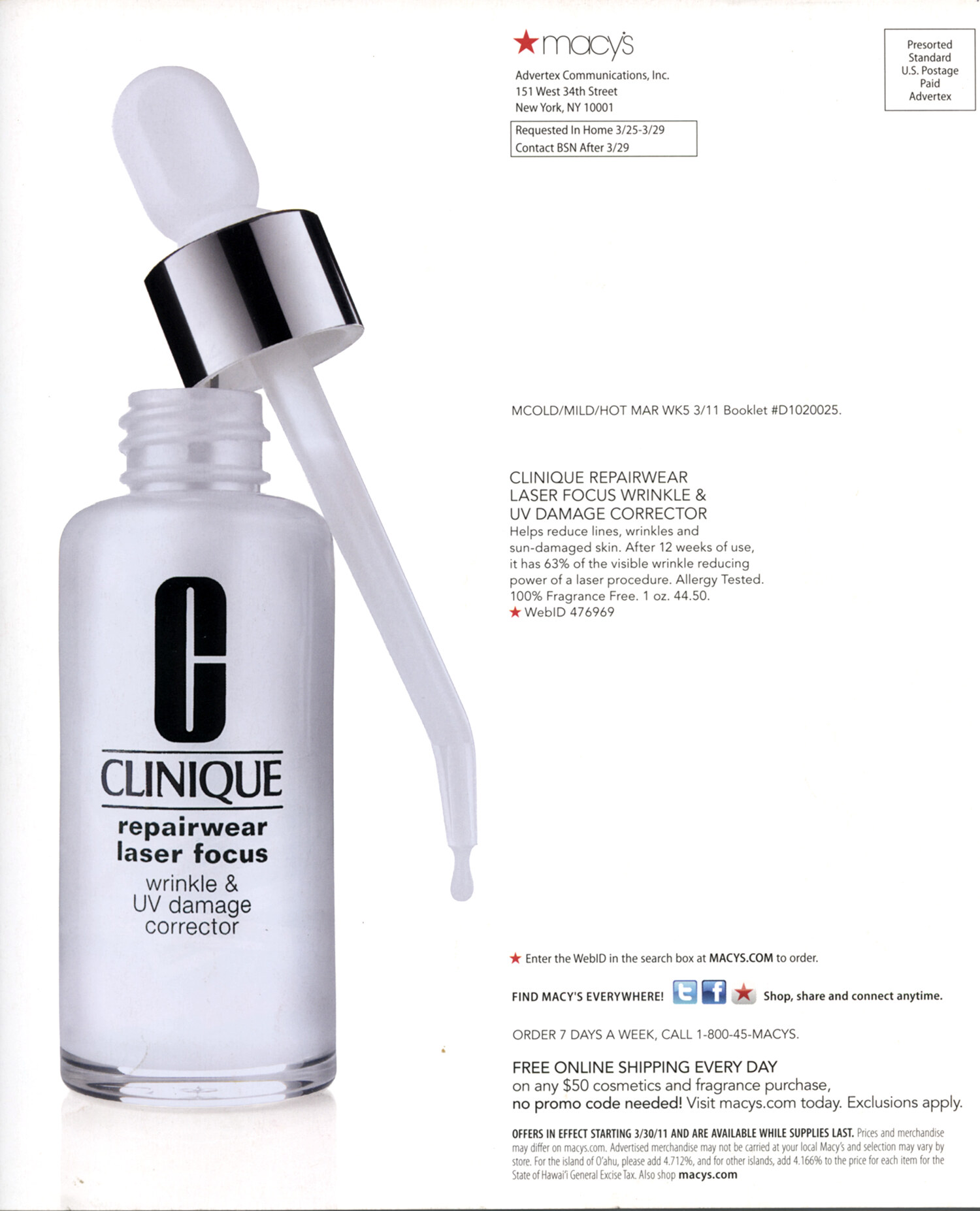 National advertising tear sheet for Clinique Repairwear Laser Focus wrinkle and UV damage corrector, Macy's direct-mail booklet. Brand campaign photography by Jason Guffy.