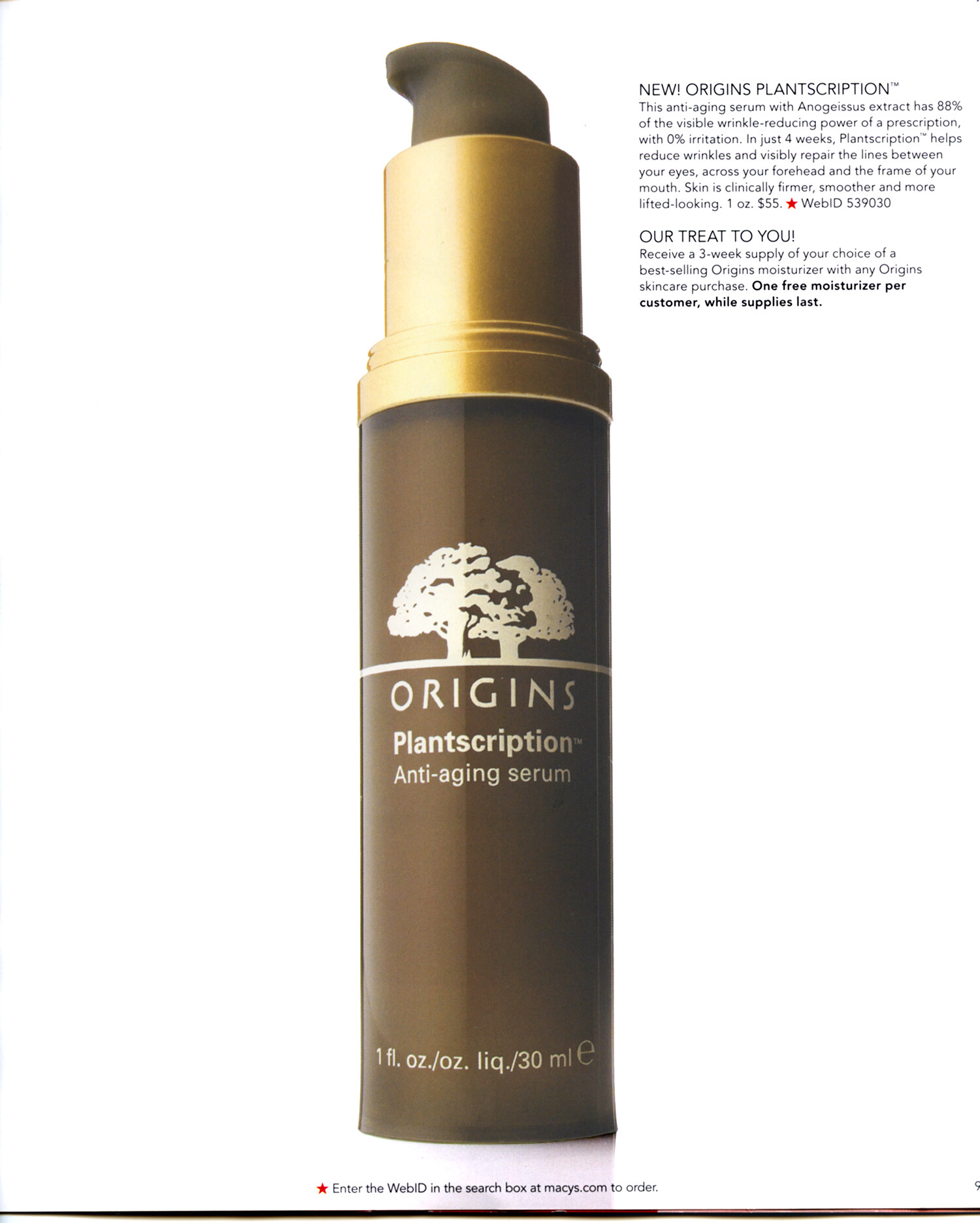 National advertising tear sheet for Origins Plantscription anti-aging serum, Macy's print campaign. Brand campaign photography by Jason Guffy.
