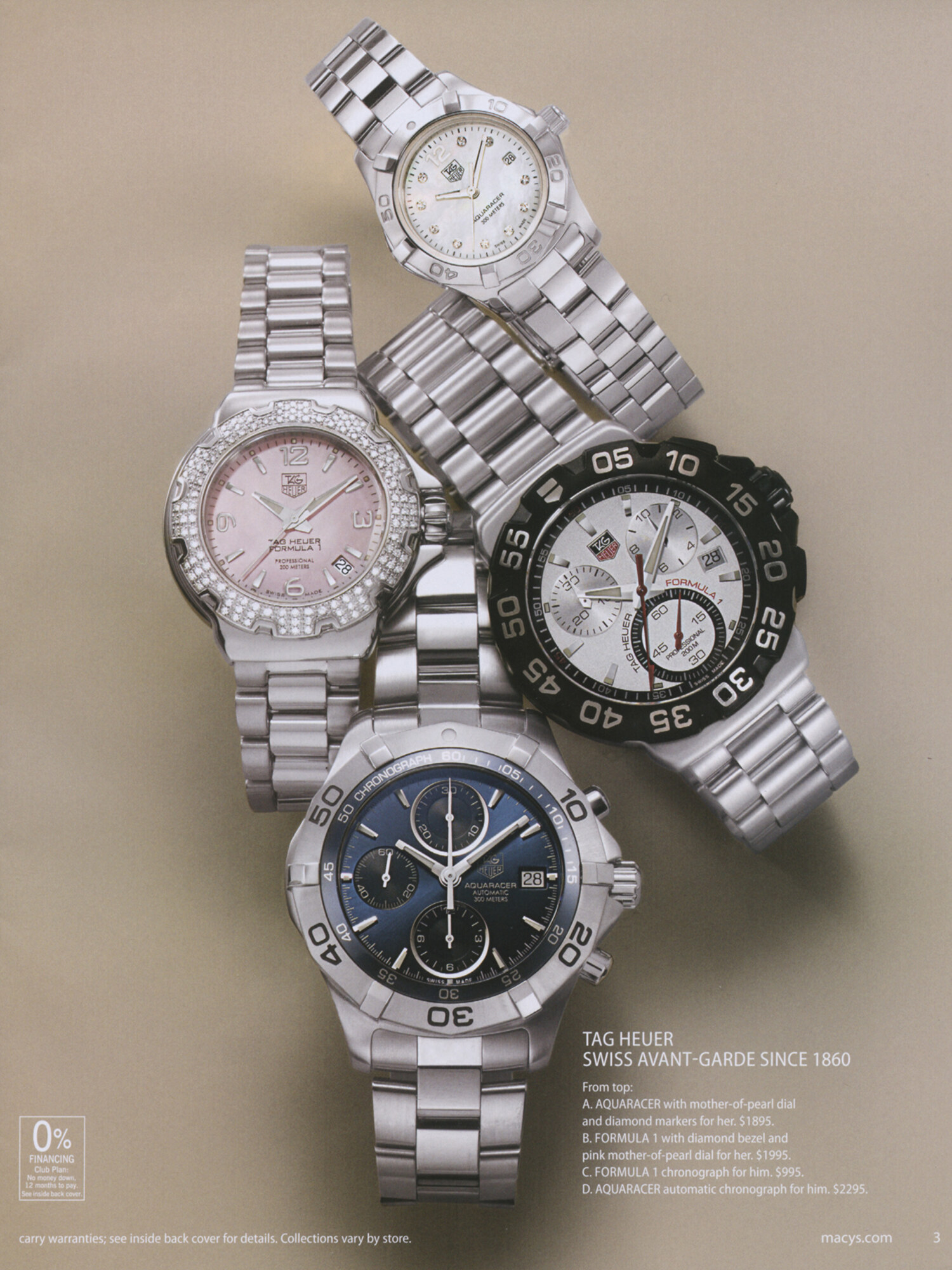 National advertising tear sheet for men's stainless steel bracelet watches collection, Macy's Watch Book catalog. Brand campaign photography by Jason Guffy.
