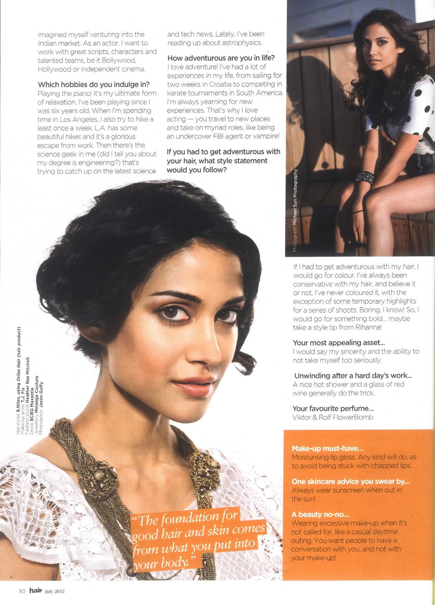 Melanie Chandra in a Hair magazine beauty feature, studio portrait with a textured updo and gold necklace, July 2012. Published editorial photography by Jason Guffy.