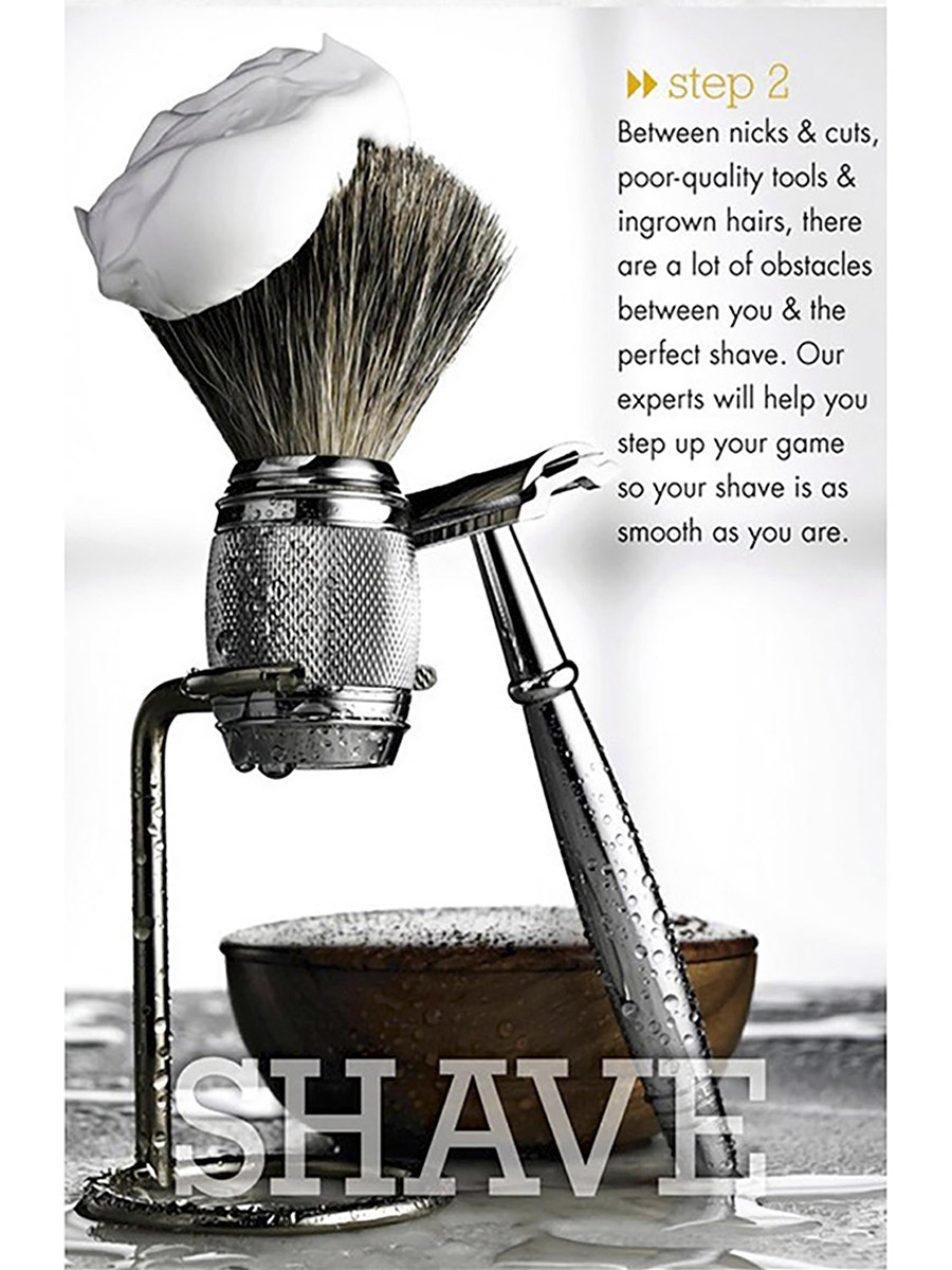 Men's grooming editorial tear sheet, step two shaving. Chrome shaving brush and safety razor with water droplets. Brand campaign photography by Jason Guffy.
