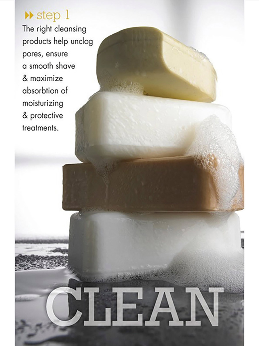 Men's grooming editorial tear sheet, step one cleansing. Soap stack with foam and water droplets. Brand campaign photography by Jason Guffy.