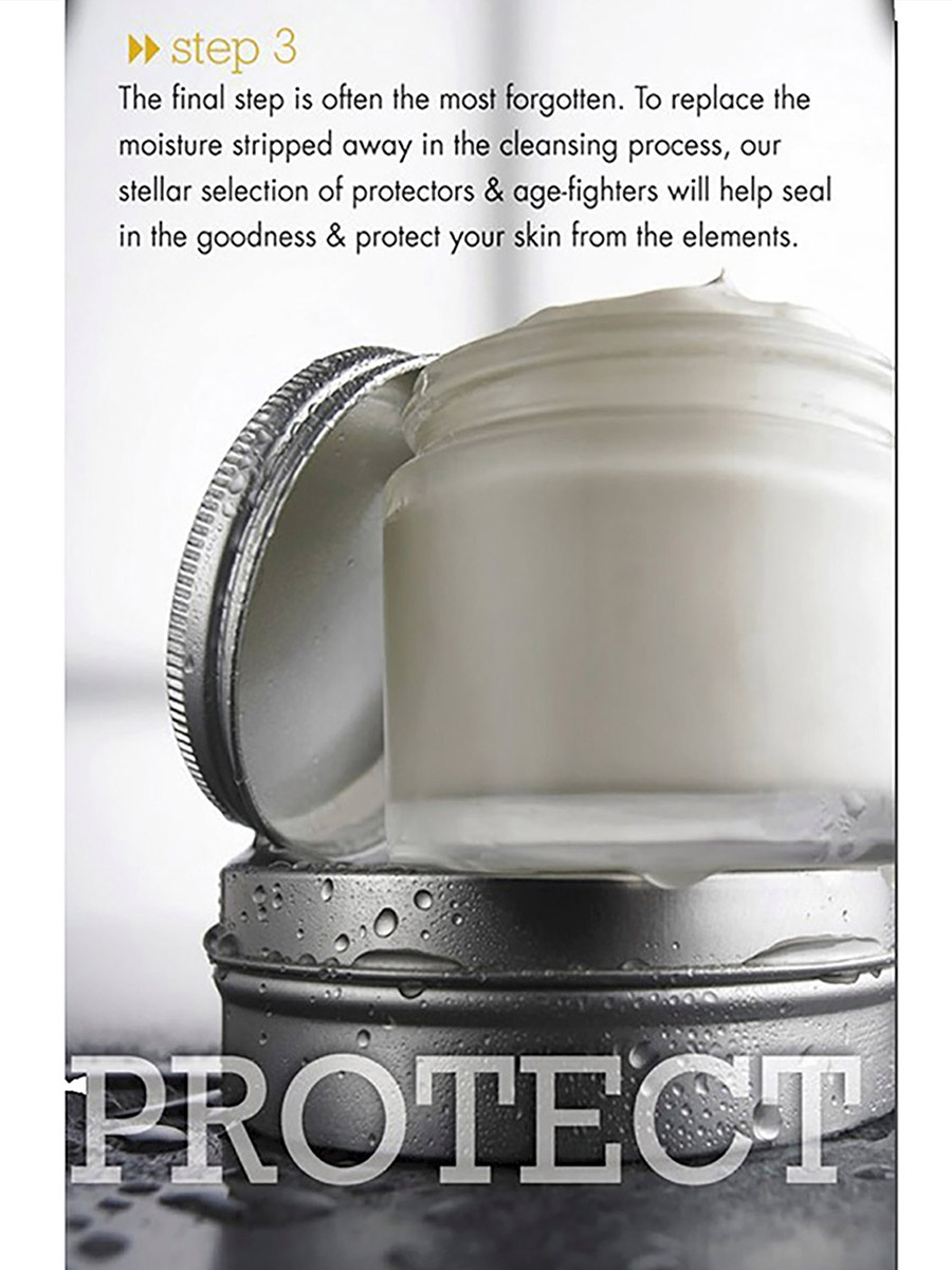 Men's grooming editorial tear sheet, step three protecting. Open silver moisturizer jar with cream visible. Brand campaign photography by Jason Guffy.