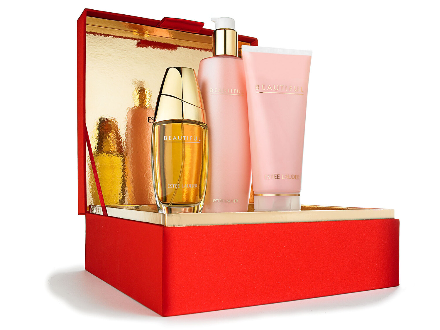 Estée Lauder Beautiful fragrance gift set on a white background. Product photography by Jason Guffy.