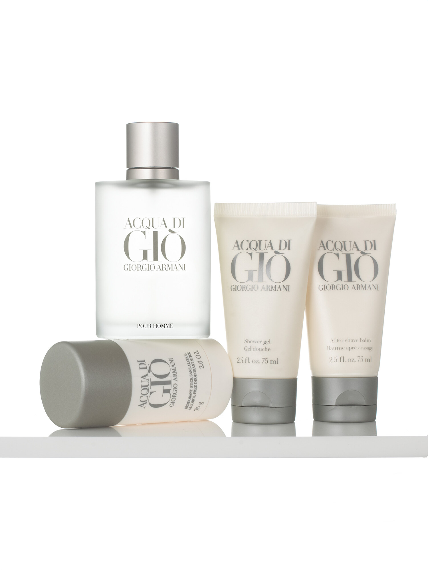 Giorgio Armani Acqua di Giò Pour Homme men's fragrance gift set on a white background. Product photography by Jason Guffy.