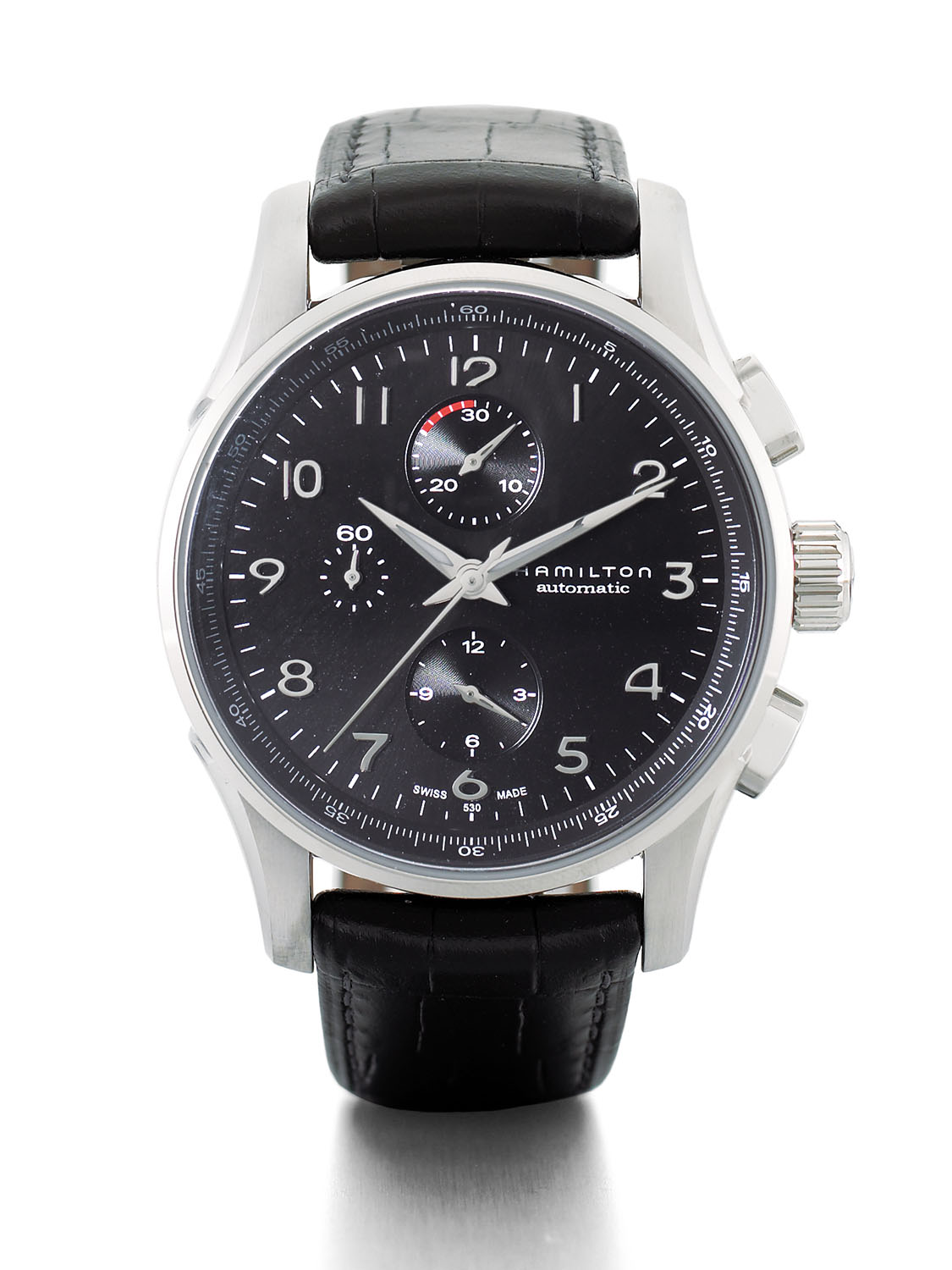 Hamilton silver chronograph watch with black dial and leather strap, luxury timepiece product photography on white. Jason Guffy Photography.
