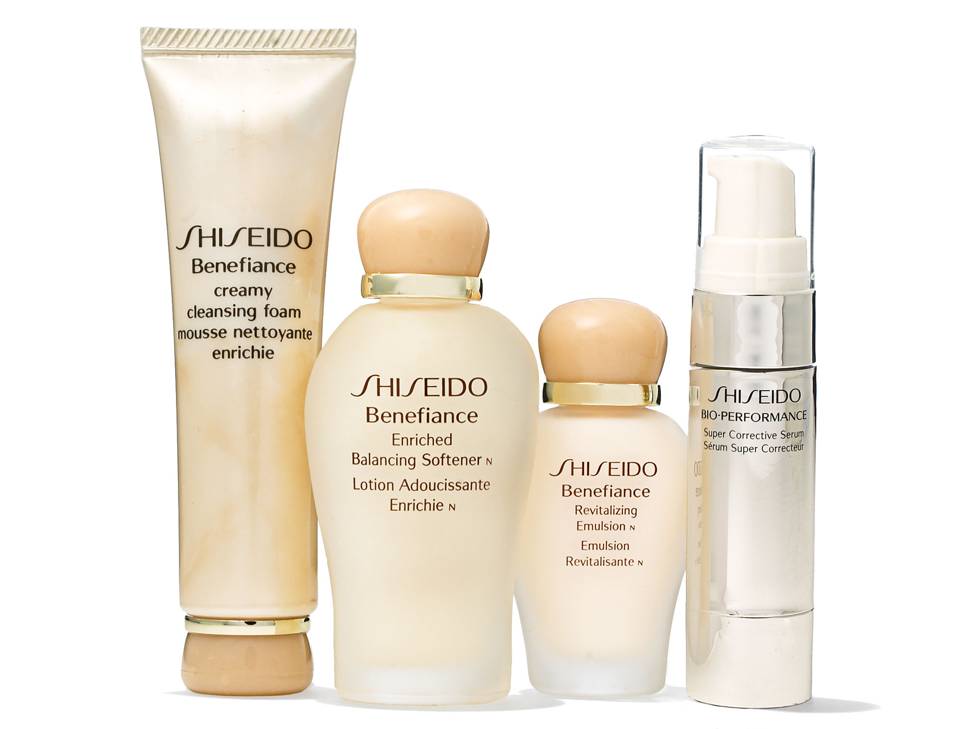Shiseido beauty skincare product collection on a white background for advertising and e-commerce. Studio product photograph on white for retail.