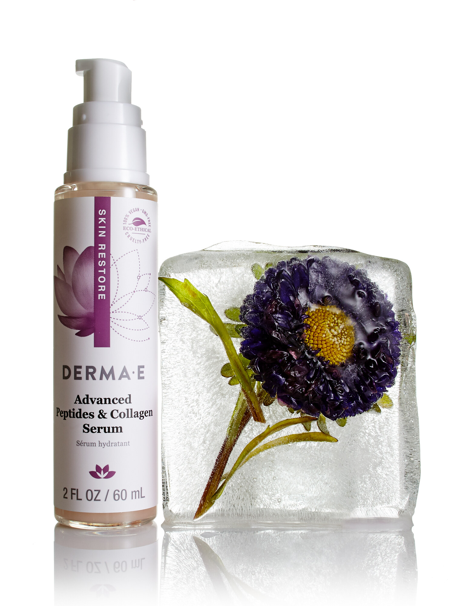Derma-E advanced peptides and collagen serum skincare product photography for beauty advertising. Jason Guffy commercial photographer, San Diego.