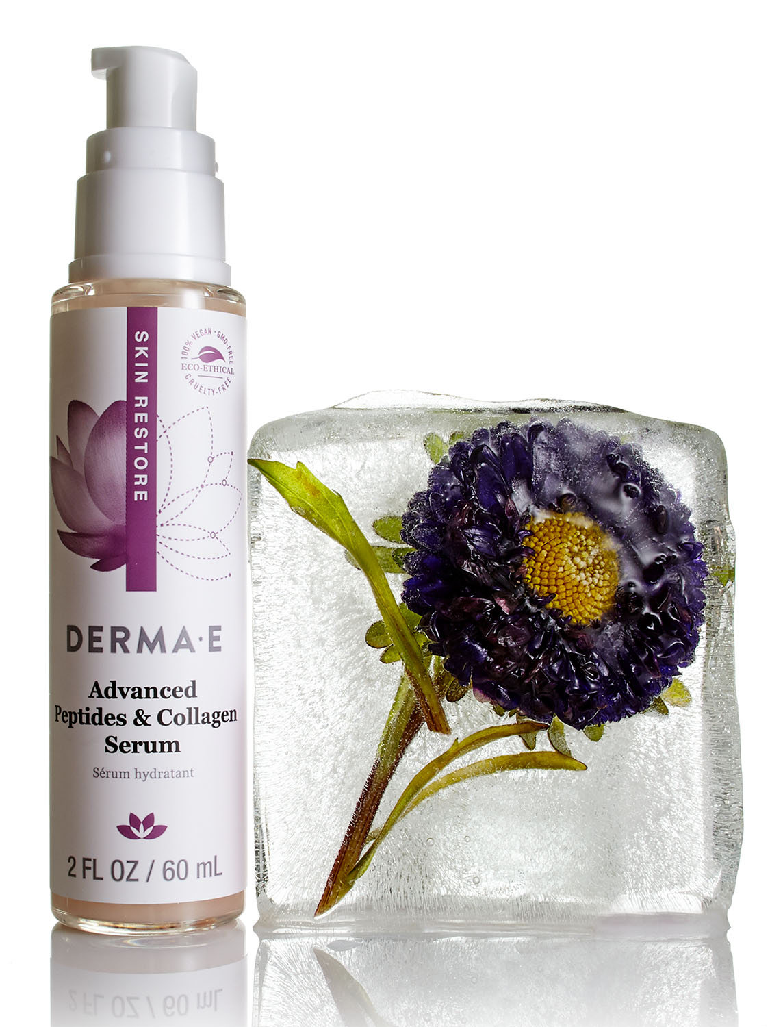 Derma-E advanced peptides and collagen serum skincare product photography for beauty advertising. Jason Guffy commercial photographer, San Diego.