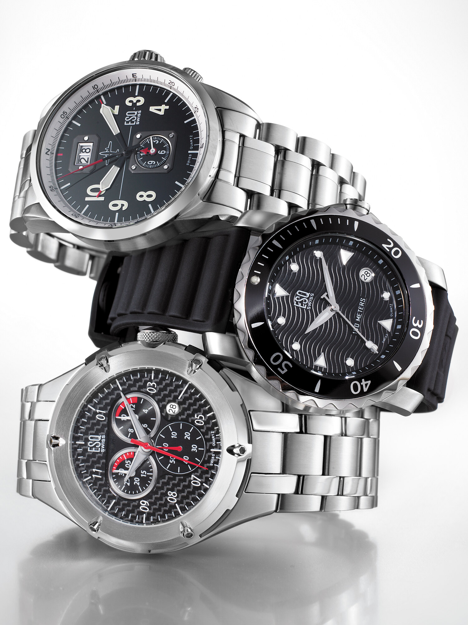 ESQ stacked trio of stainless steel watches with chronograph dials, men's watch photography. Product photography by Jason Guffy, San Diego.
