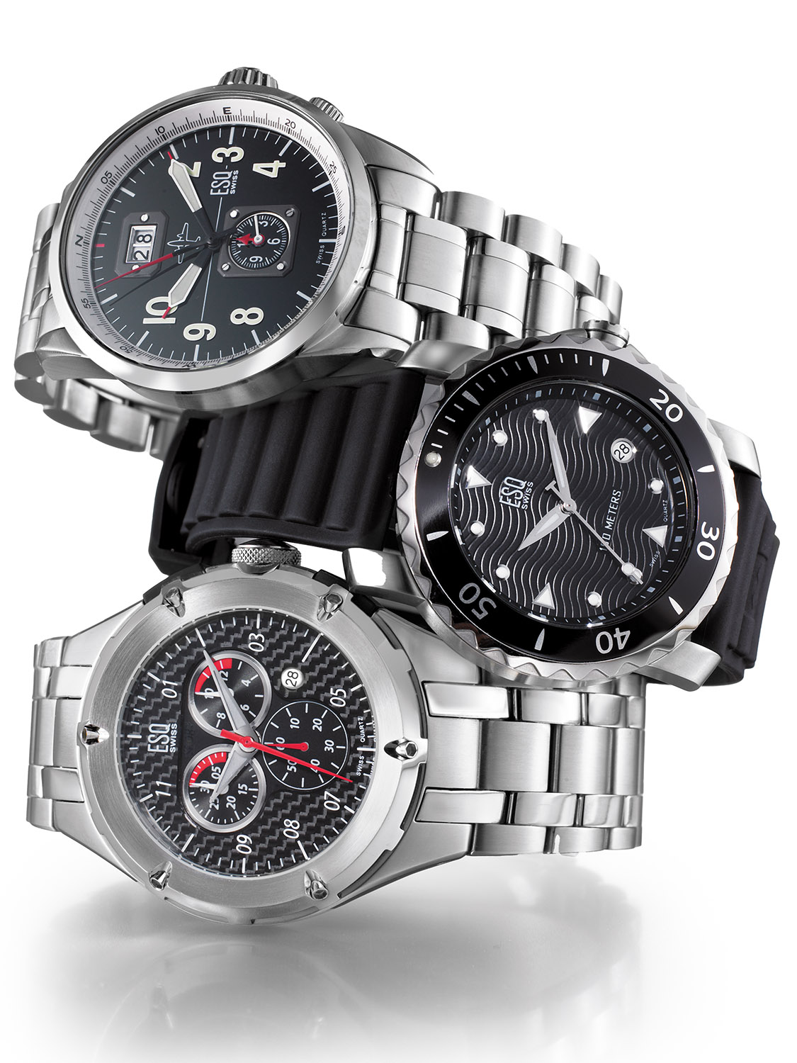 ESQ stacked trio of stainless steel watches with chronograph dials, men's watch photography. Commercial product photography, San Diego.