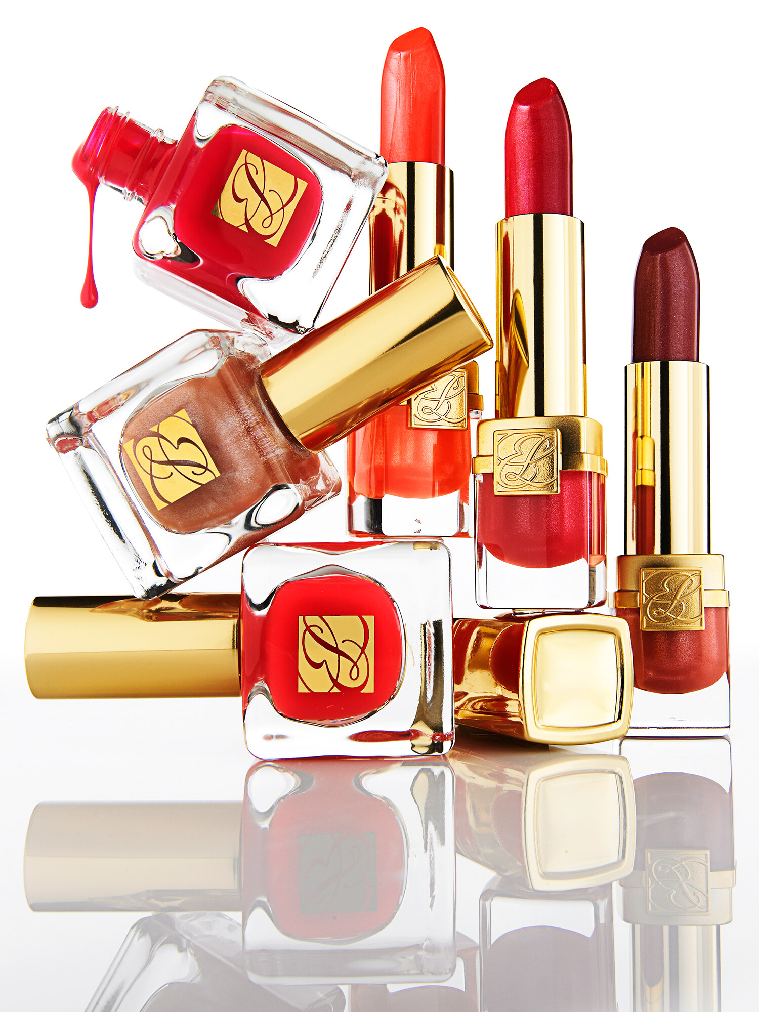 Estée Lauder nail polish and lipstick beauty product photography for luxury cosmetics advertising. Jason Guffy commercial photographer, San Diego.