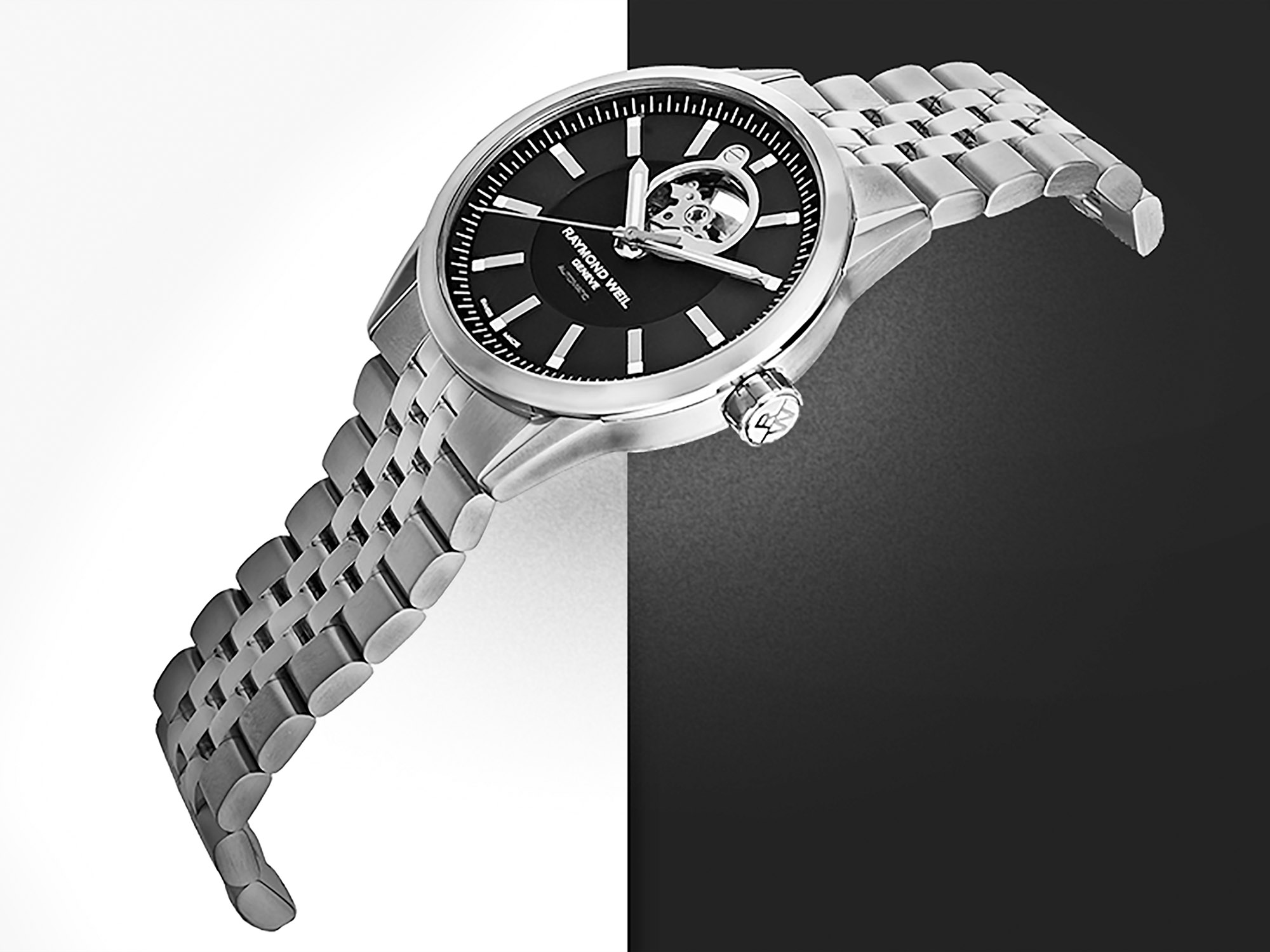 Raymond Weil watch with silver and black details, precision timepiece product photography on white. Jason Guffy commercial photographer, San Diego.
